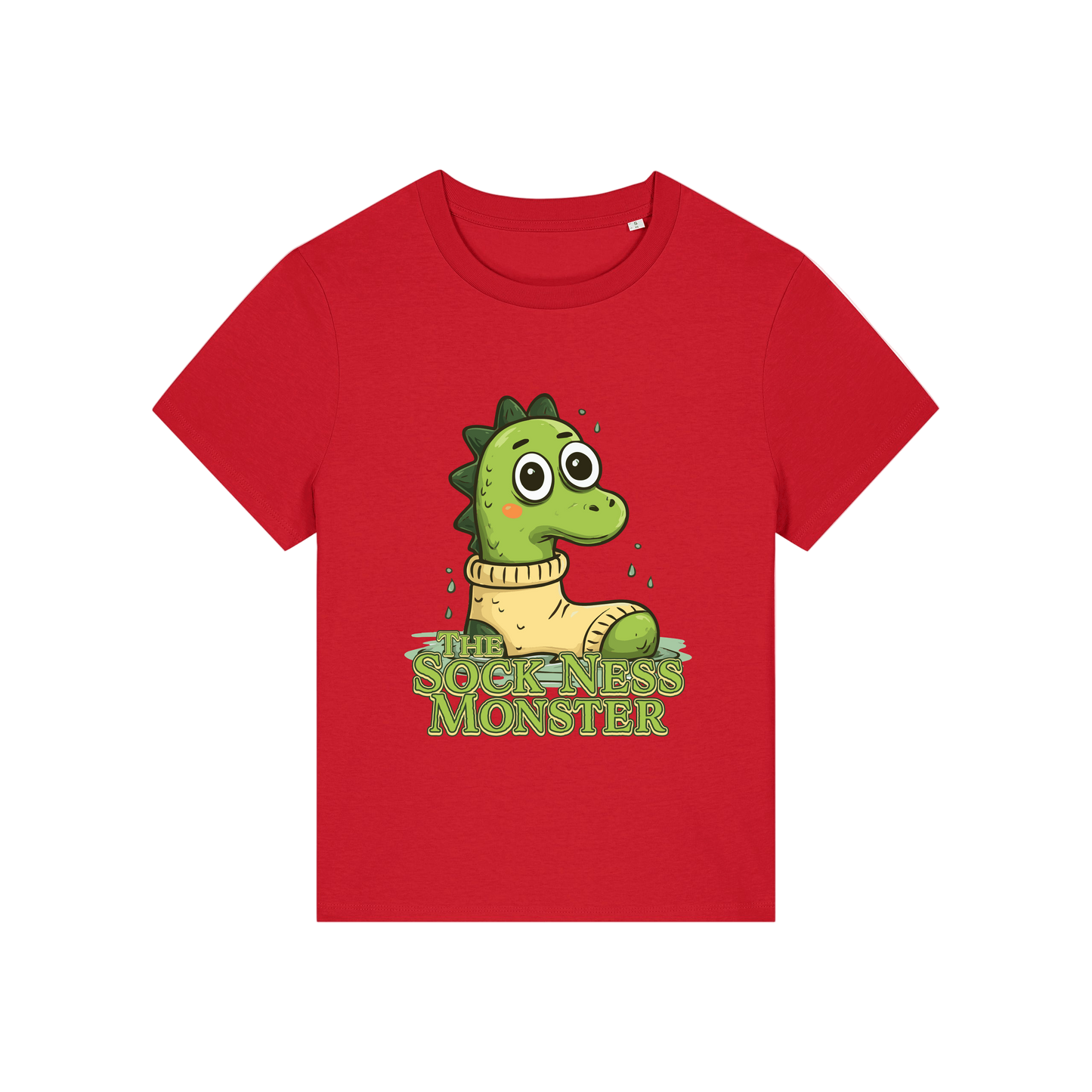 red funny animal t-shirt with the graphic of nessie sat in a sock and the slogan 'the sock ness monster'