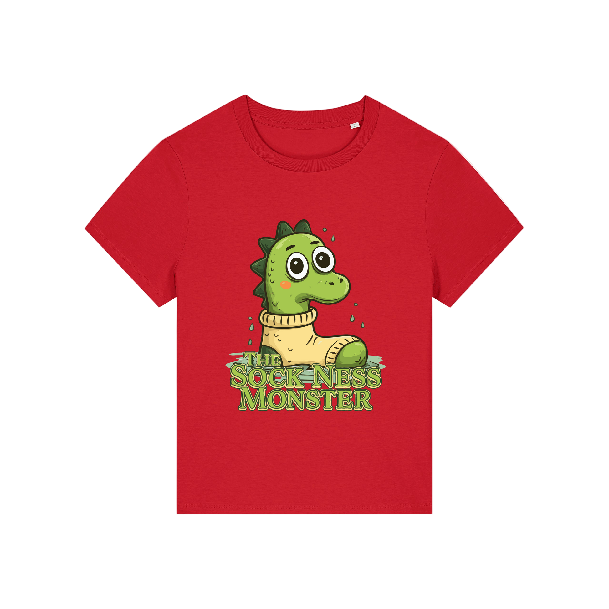 red funny animal t-shirt with the graphic of nessie sat in a sock and the slogan 'the sock ness monster'