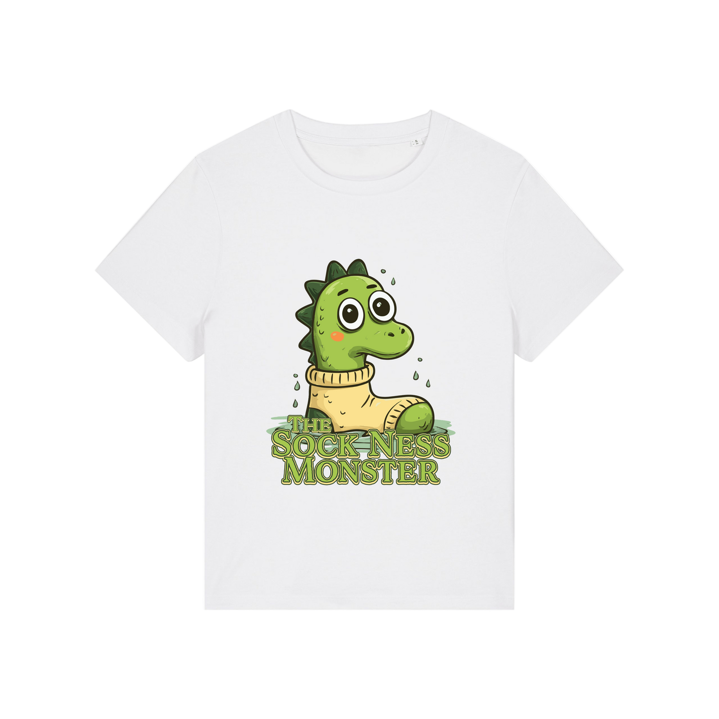 white funny animal t-shirt with the graphic of nessie sat in a sock and the slogan 'the sock ness monster'