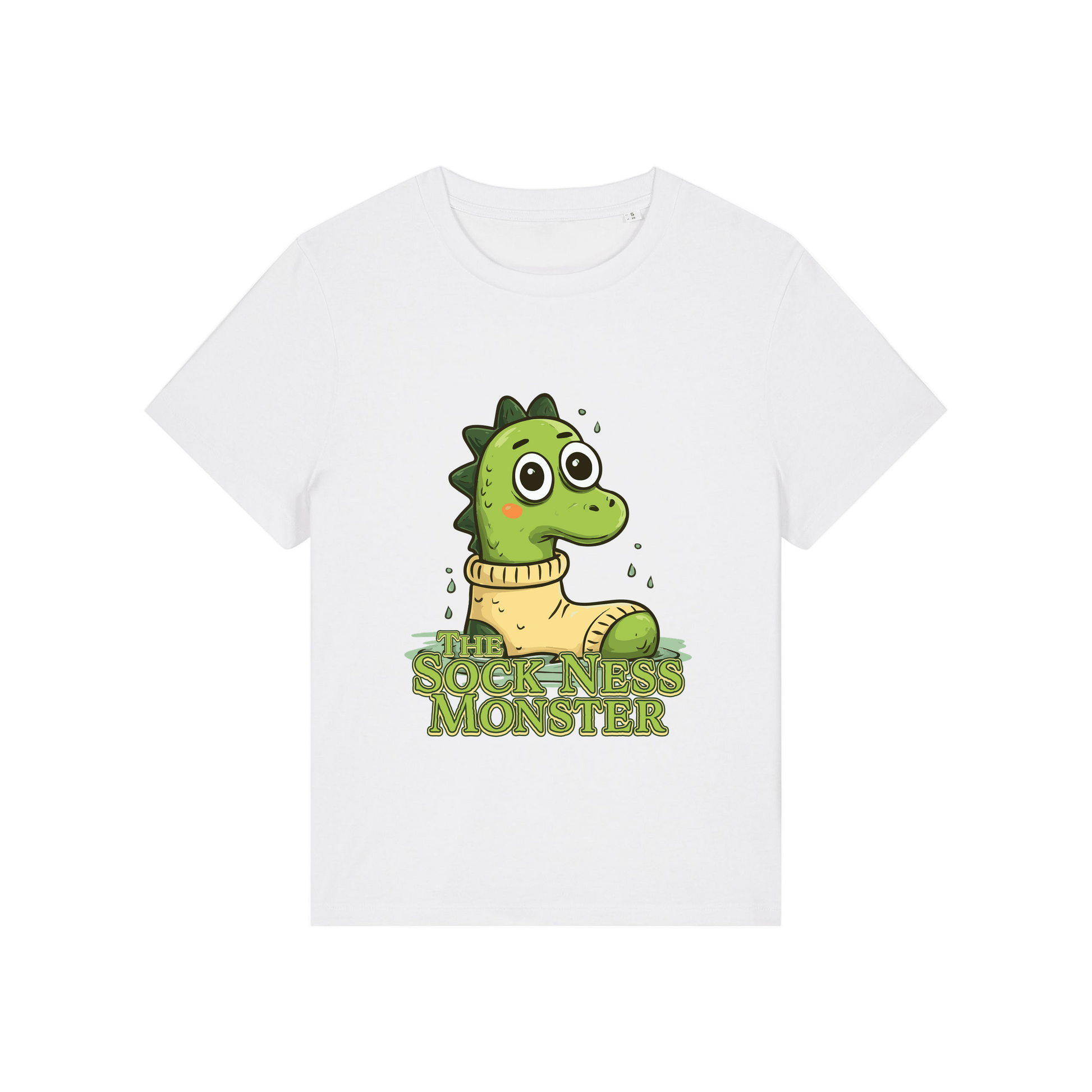 white funny animal t-shirt with the graphic of nessie sat in a sock and the slogan 'the sock ness monster'