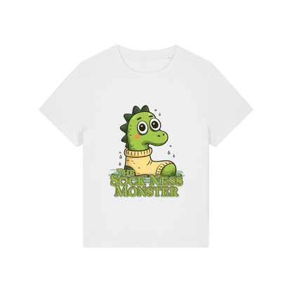 white funny animal t-shirt with the graphic of nessie sat in a sock and the slogan 'the sock ness monster'
