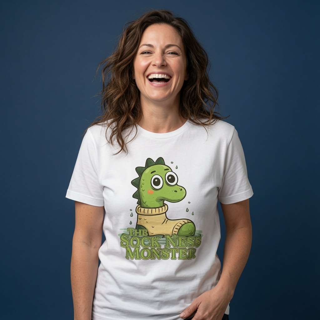 Woman laughing while wearing a white The Sock Ness Monster t-shirt featuring a cute Loch Ness monster in a yellow sock, humorous ladies graphic Nessie pun