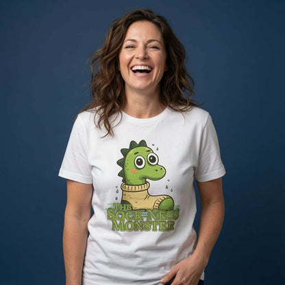 Woman laughing while wearing a white The Sock Ness Monster t-shirt featuring a cute Loch Ness monster in a yellow sock, humorous ladies graphic Nessie pun