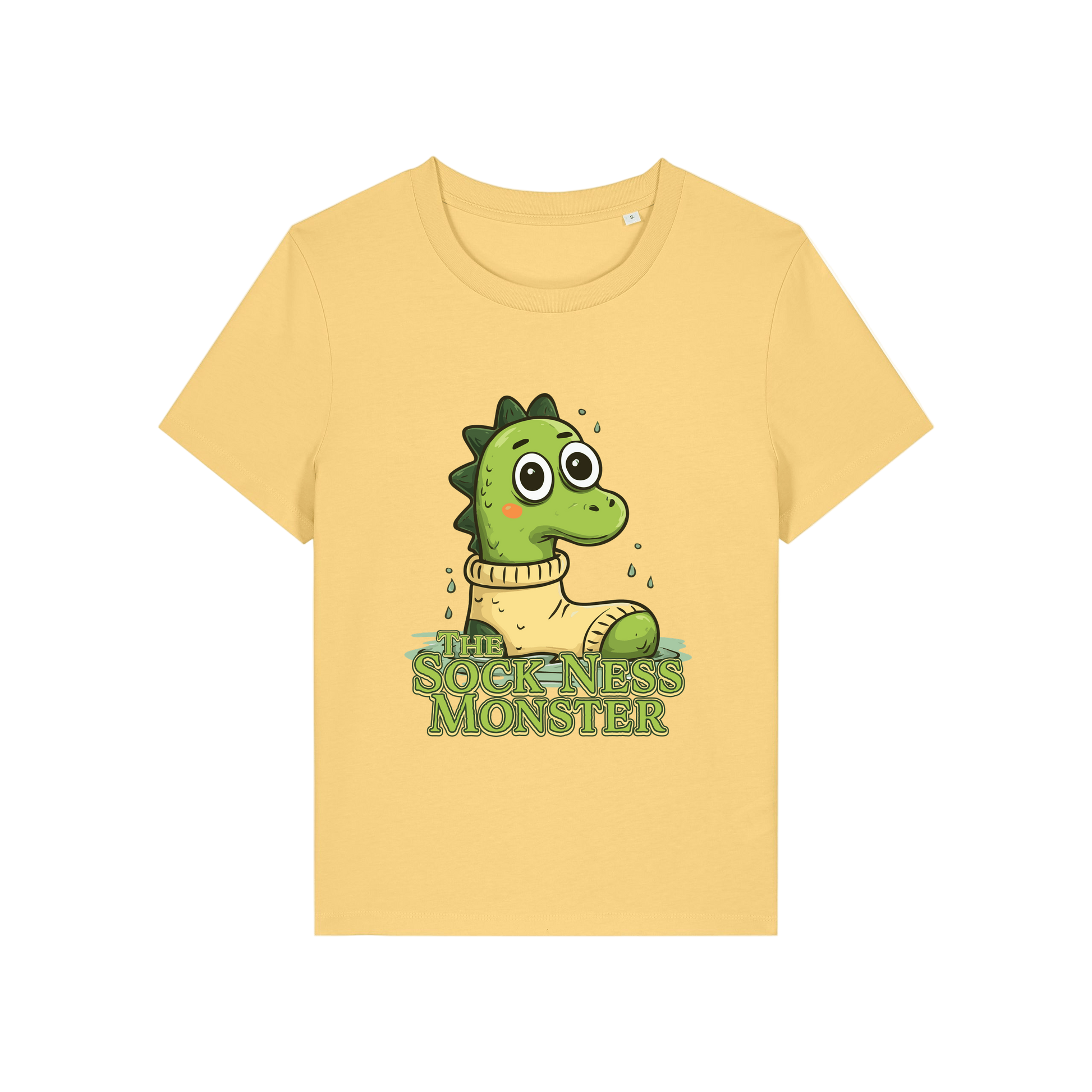 yellow funny animal t-shirt with the graphic of nessie sat in a sock and the slogan 'the sock ness monster'