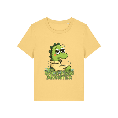 yellow funny animal t-shirt with the graphic of nessie sat in a sock and the slogan 'the sock ness monster'