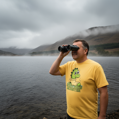 Man in a yellow t-shirt with a dinosaur graphic using binoculars by a lake with mountains in the background.