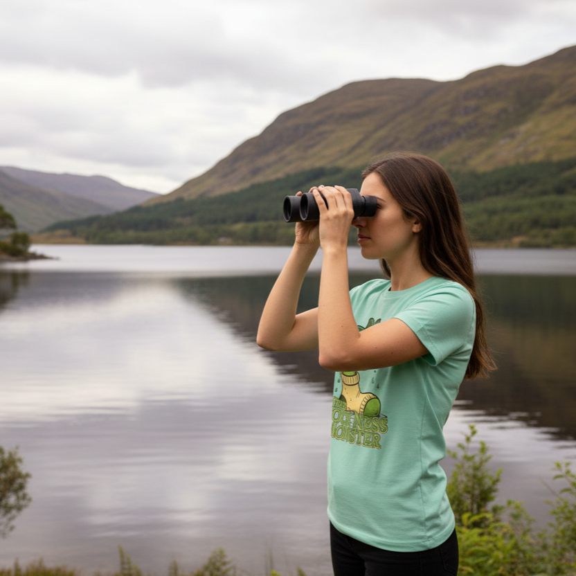 Person using binoculars by a lake with mountains in the background