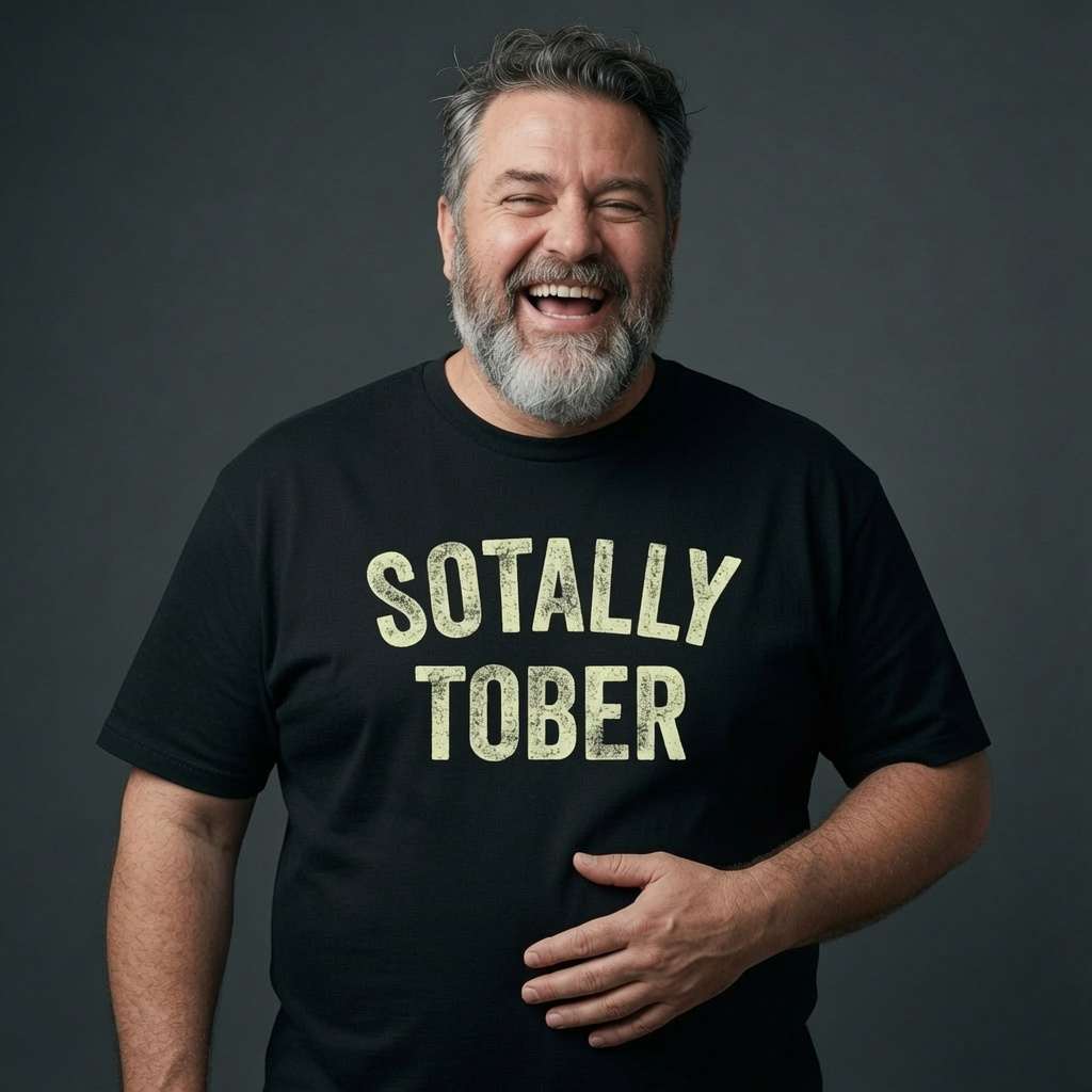 Bearded man laughing while holding his stomach in a black Sotally Tober t-shirt, funny and cheeky beer banter slogan full of pure attitude