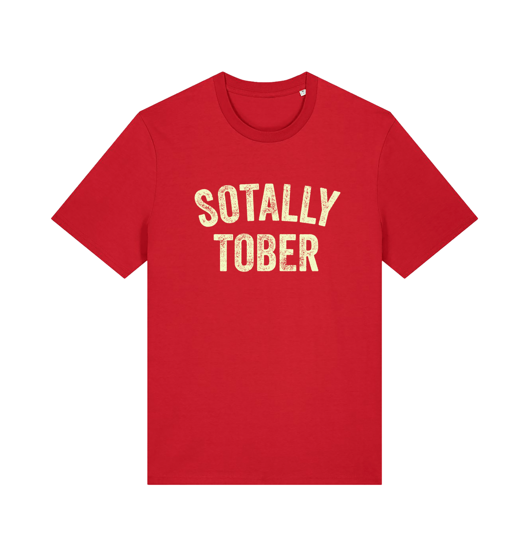 red funny slogan t-shirt with 'sotally tober'
