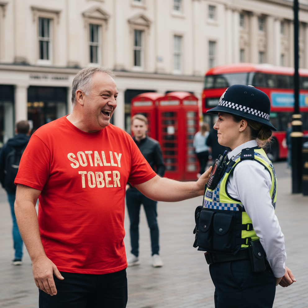 Man in red shirt shaking hands with a police officer on a city street with red buses in the background.