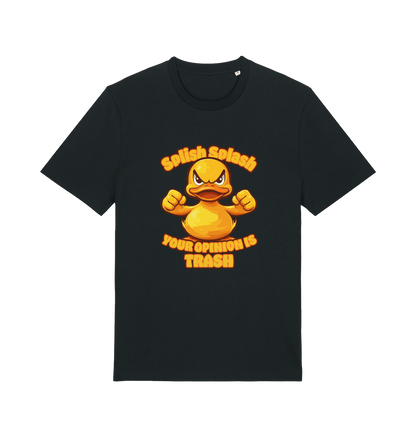 black funny offensive t-shirt with the graphic of a cartoon duck and the slogan 'splish splash your opinion is trash'