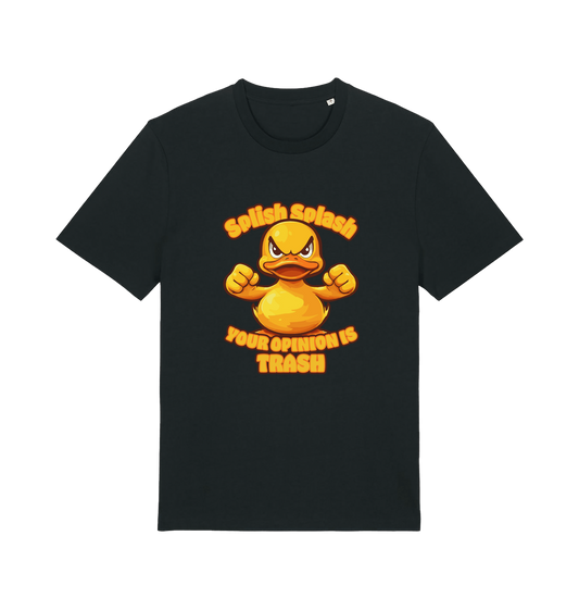 black funny offensive t-shirt with the graphic of a cartoon duck and the slogan 'splish splash your opinion is trash'
