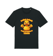 black funny offensive t-shirt with the graphic of a cartoon duck and the slogan 'splish splash your opinion is trash'