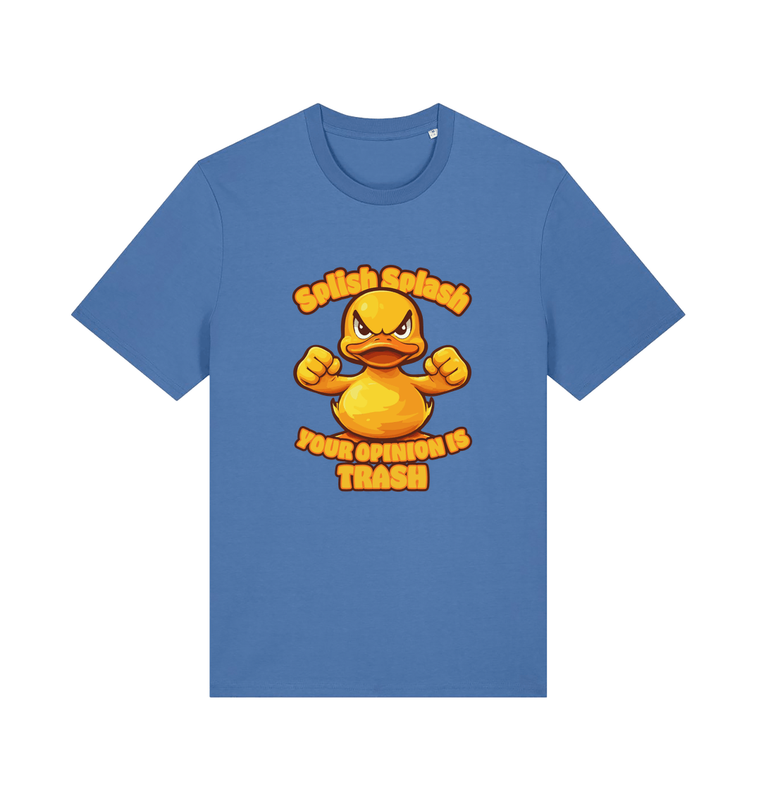 blue funny offensive t-shirt with the graphic of a cartoon duck and the slogan 'splish splash your opinion is trash'