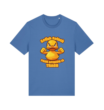 blue funny offensive t-shirt with the graphic of a cartoon duck and the slogan 'splish splash your opinion is trash'