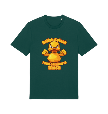 green funny offensive t-shirt with the graphic of a cartoon duck and the slogan 'splish splash your opinion is trash'