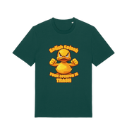 green funny offensive t-shirt with the graphic of a cartoon duck and the slogan 'splish splash your opinion is trash'