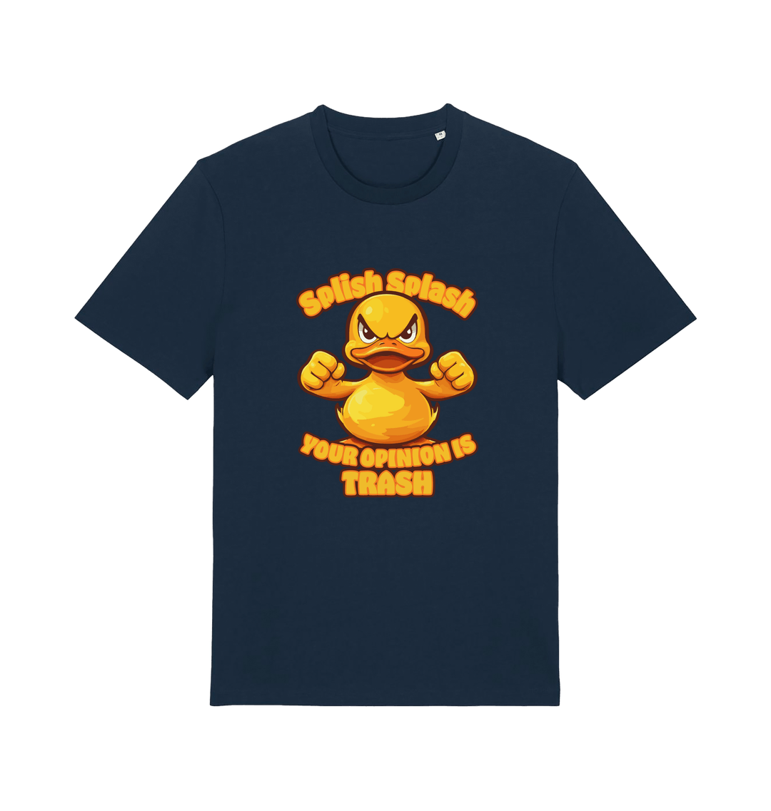 navy funny offensive t-shirt with the graphic of a cartoon duck and the slogan 'splish splash your opinion is trash'