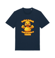 navy funny offensive t-shirt with the graphic of a cartoon duck and the slogan 'splish splash your opinion is trash'