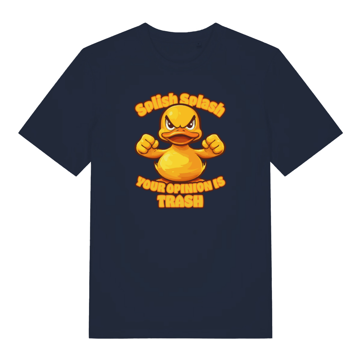 navy funny offensive t-shirt with the graphic of a duck and the slogan 'splish splash your opinion is trash'