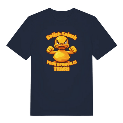 navy funny offensive t-shirt with the graphic of a duck and the slogan 'splish splash your opinion is trash'
