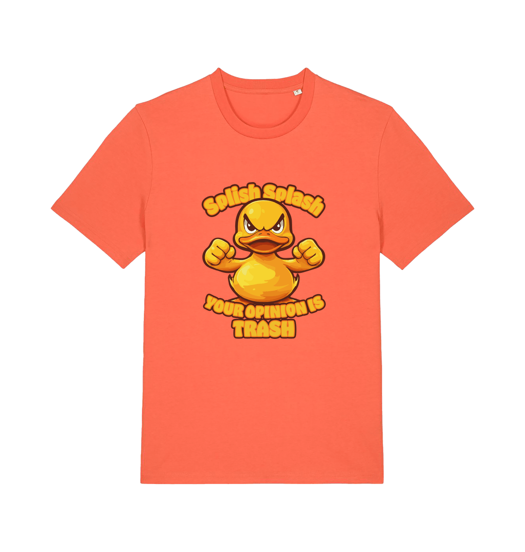 orange funny offensive t-shirt with the graphic of a cartoon duck and the slogan 'splish splash your opinion is trash'