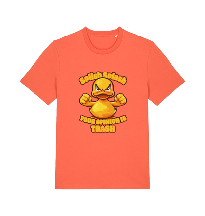 orange funny offensive t-shirt with the graphic of a cartoon duck and the slogan 'splish splash your opinion is trash'