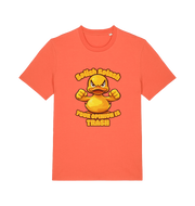 orange funny offensive t-shirt with the graphic of a cartoon duck and the slogan 'splish splash your opinion is trash'