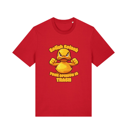 red funny offensive t-shirt with the graphic of a cartoon duck and the slogan 'splish splash your opinion is trash'