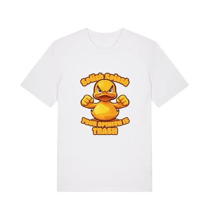 white funny offensive t-shirt with the graphic of a cartoon duck and the slogan 'splish splash your opinion is trash'