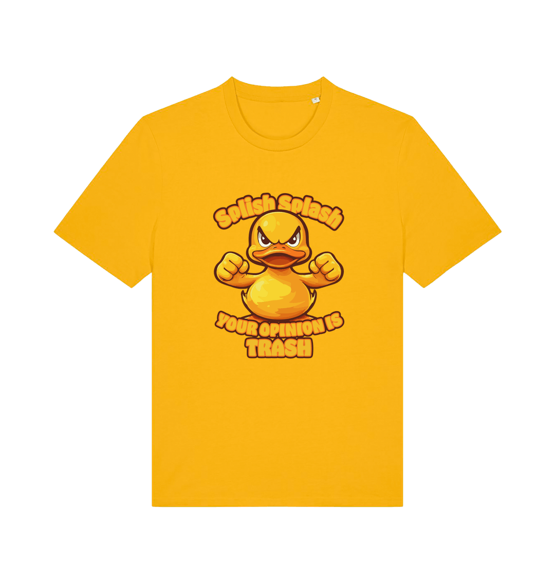 yellow funny offensive t-shirt with the graphic of a cartoon duck and the slogan 'splish splash your opinion is trash'