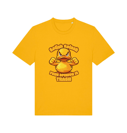 yellow funny offensive t-shirt with the graphic of a cartoon duck and the slogan 'splish splash your opinion is trash'