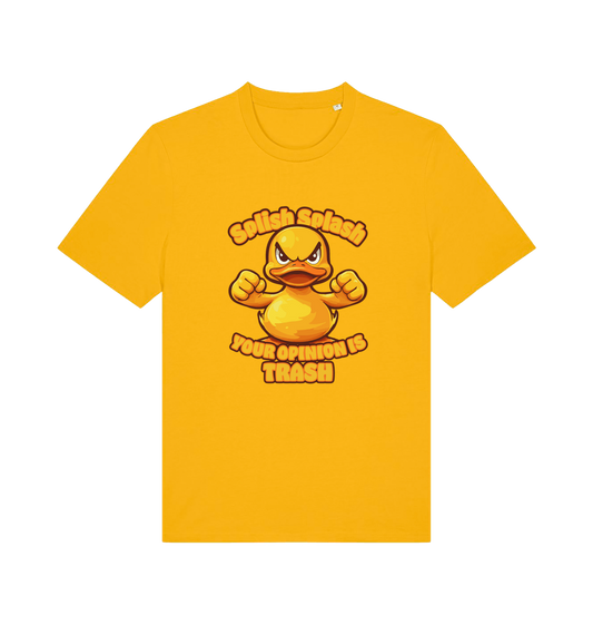 yellow funny offensive t-shirt with the graphic of a cartoon duck and the slogan 'splish splash your opinion is trash'
