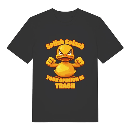 Black Splish Splash Your Opinion Is Trash funny animal t-shirt with angry duck flexing design  