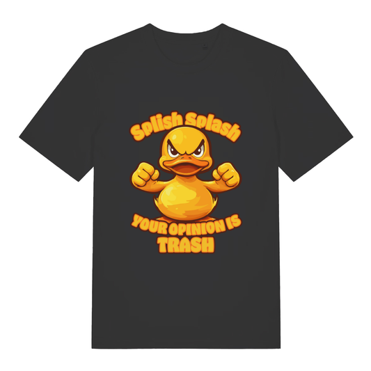 Black Splish Splash Your Opinion Is Trash funny animal t-shirt with angry duck flexing design  