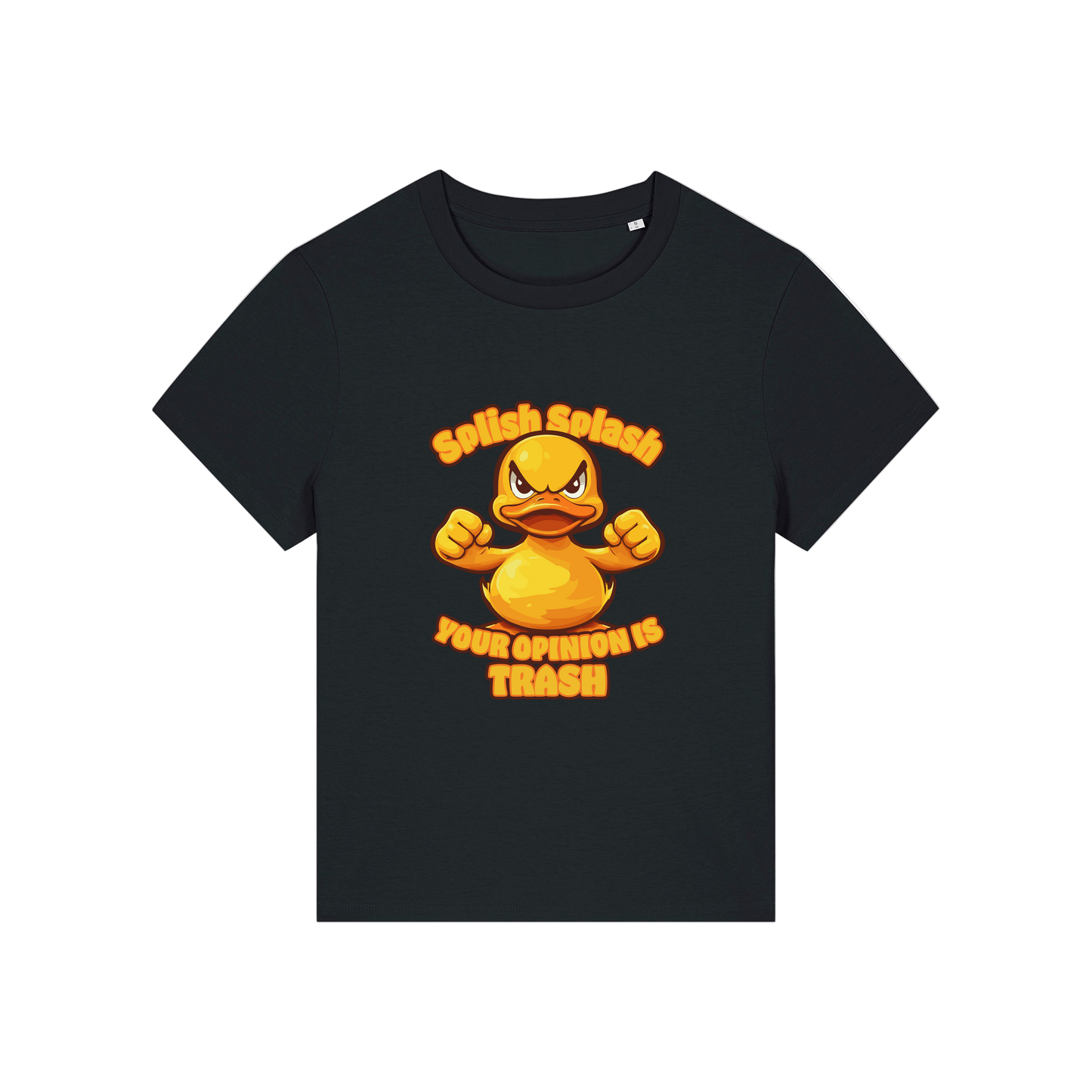 black sarcastic t-shirt with the graphic of a duck and the slogan 'splish splash your opinion is trash'