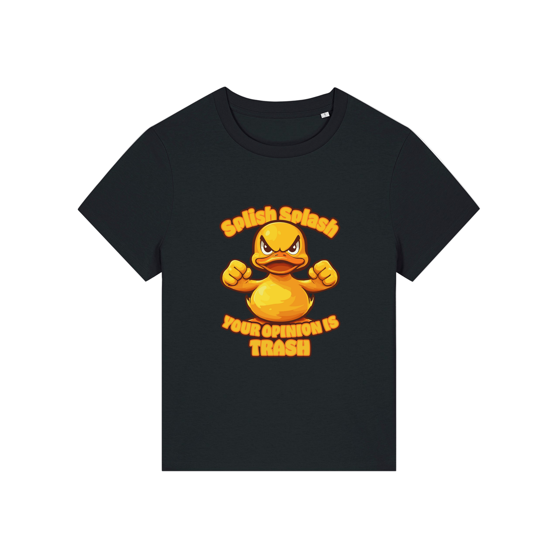black sarcastic t-shirt with the graphic of a duck and the slogan 'splish splash your opinion is trash'