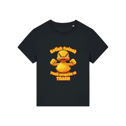 black sarcastic t-shirt with the graphic of a duck and the slogan 'splish splash your opinion is trash'