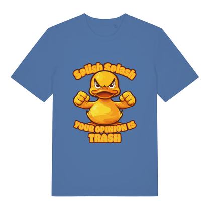 Blue Splish Splash Your Opinion Is Trash funny animal t-shirt featuring cheeky rubber duck graphic  