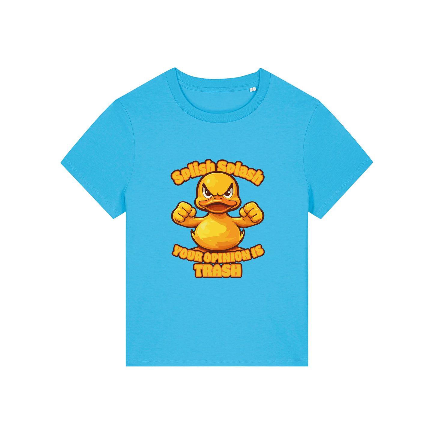 blue sarcastic t-shirt with the graphic of a duck and the slogan 'splish splash your opinion is trash'