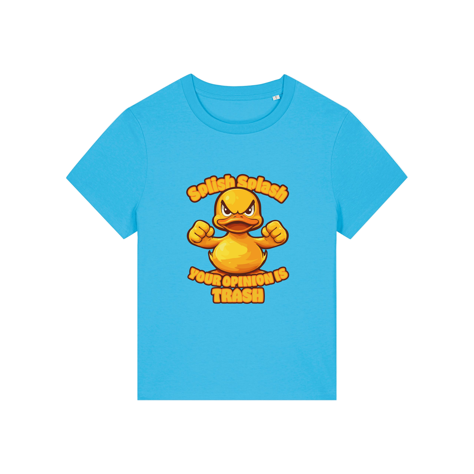 blue sarcastic t-shirt with the graphic of a duck and the slogan 'splish splash your opinion is trash'