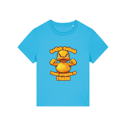 blue sarcastic t-shirt with the graphic of a duck and the slogan 'splish splash your opinion is trash'