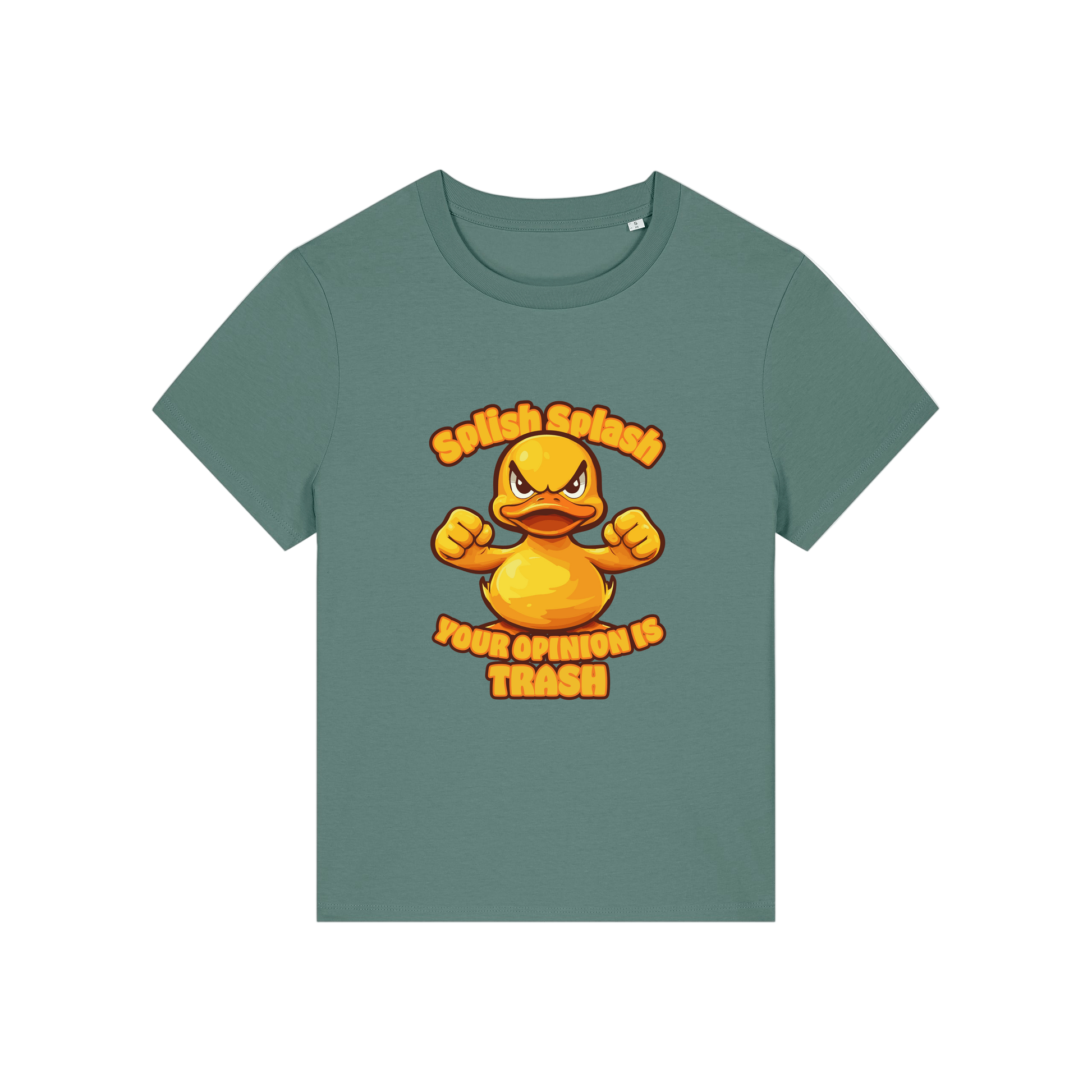 green sarcastic t-shirt with the graphic of a duck and the slogan 'splish splash your opinion is trash'