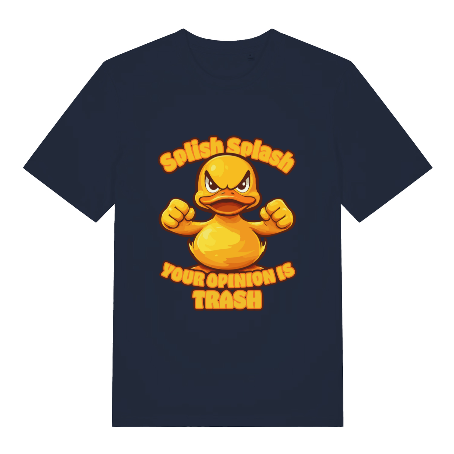 Navy Splish Splash Your Opinion Is Trash funny animal t-shirt showing witty angry duck design  