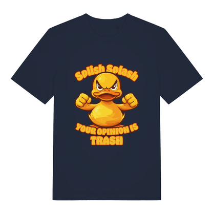 Navy Splish Splash Your Opinion Is Trash funny animal t-shirt showing witty angry duck design  
