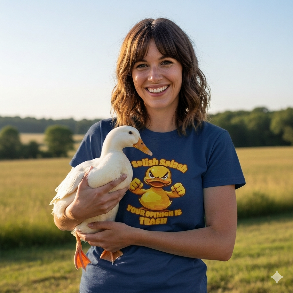 Woman holding a duck in a field wearing a blue t-shirt with a graphic design.