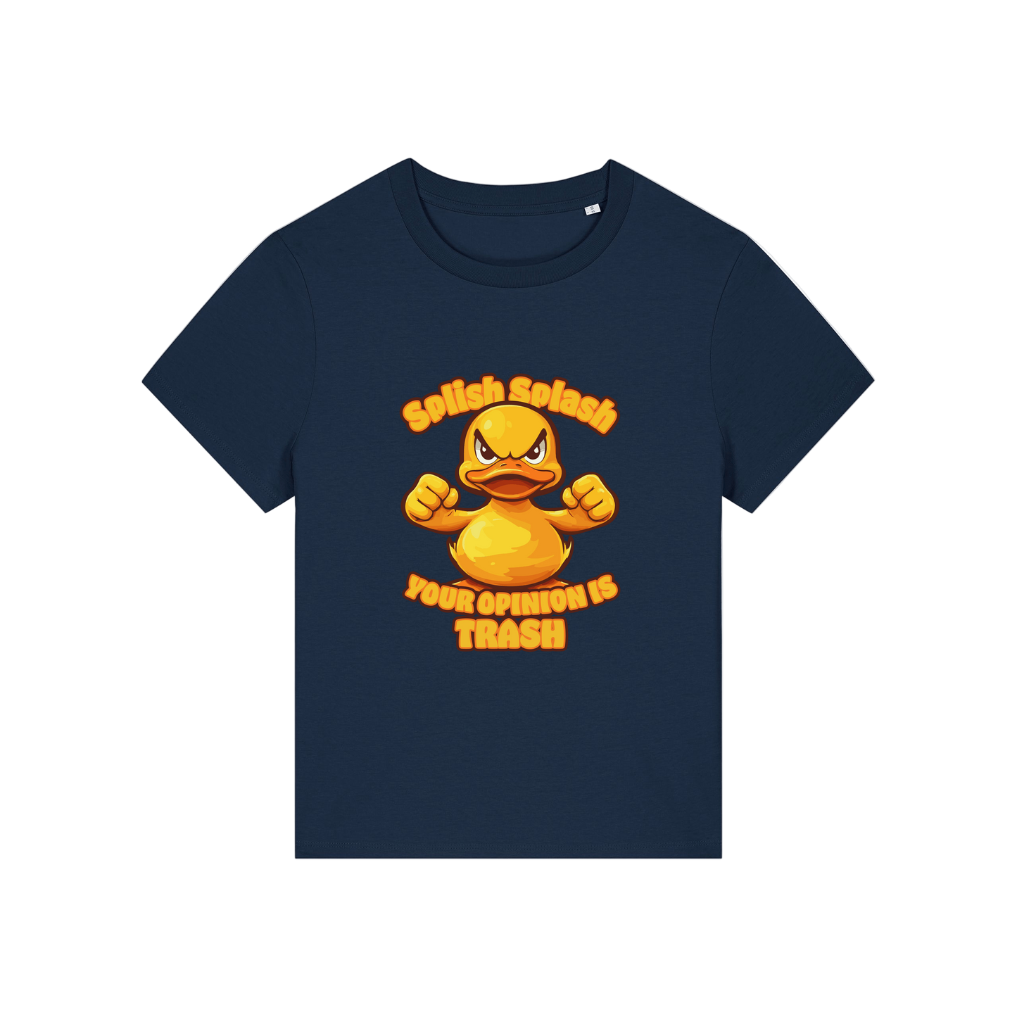navy sarcastic t-shirt with the graphic of a duck and the slogan 'splish splash your opinion is trash'