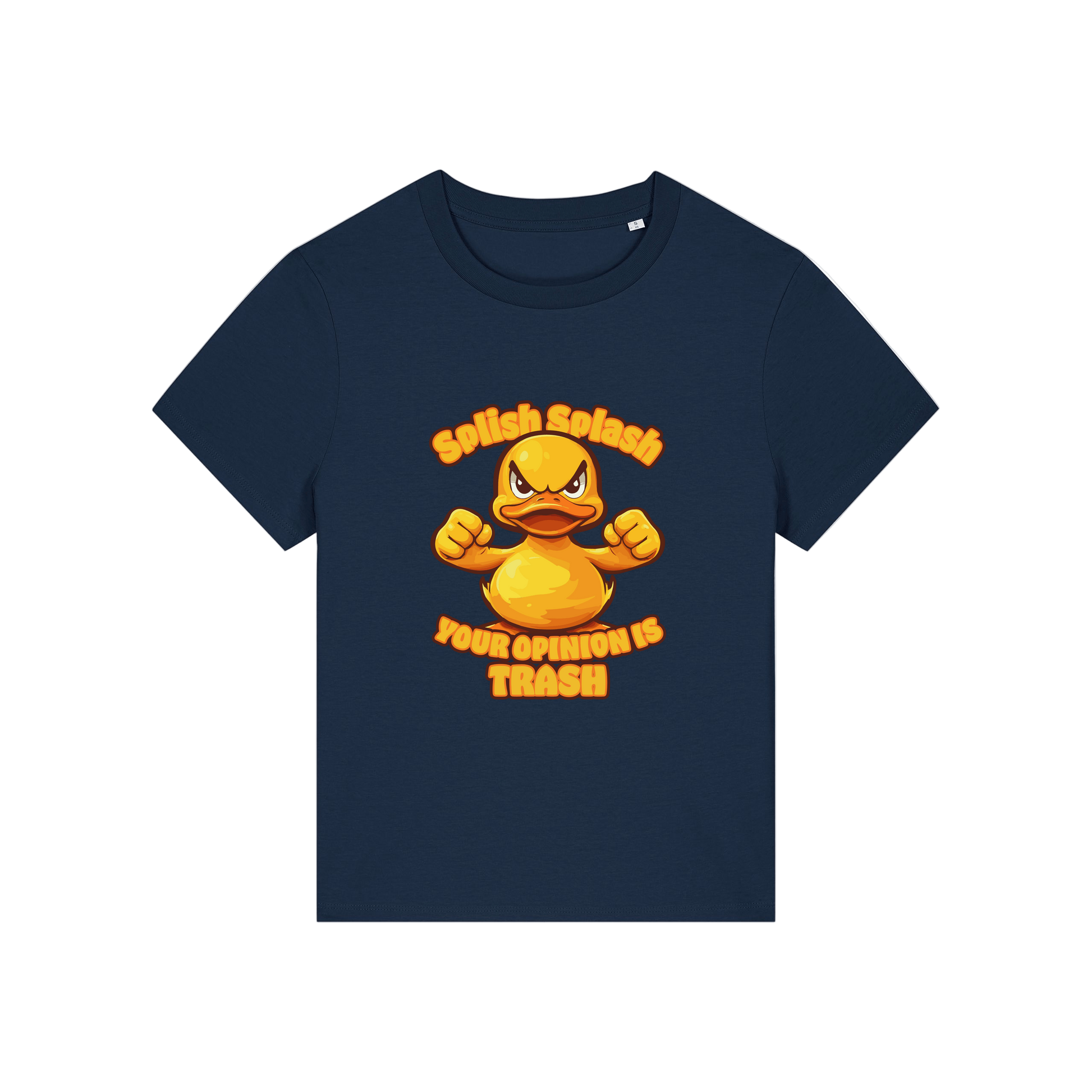 navy sarcastic t-shirt with the graphic of a duck and the slogan 'splish splash your opinion is trash'