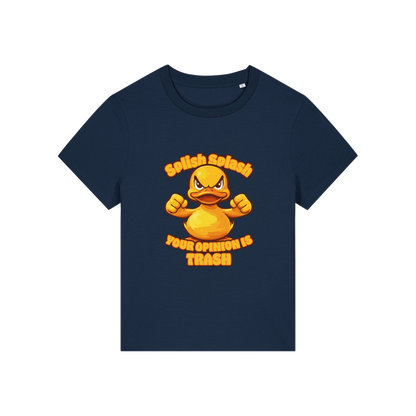 navy sarcastic t-shirt with the graphic of a duck and the slogan 'splish splash your opinion is trash'