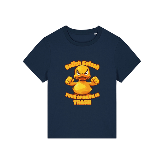 navy sarcastic t-shirt with the graphic of a duck and the slogan 'splish splash your opinion is trash'